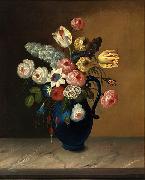 William Buelow Gould, Still life, flowers in a blue jug oil on canvas painting by Van Diemonian (Tasmanian) artist and convict William Buelow Gould (1801 - 1853).
